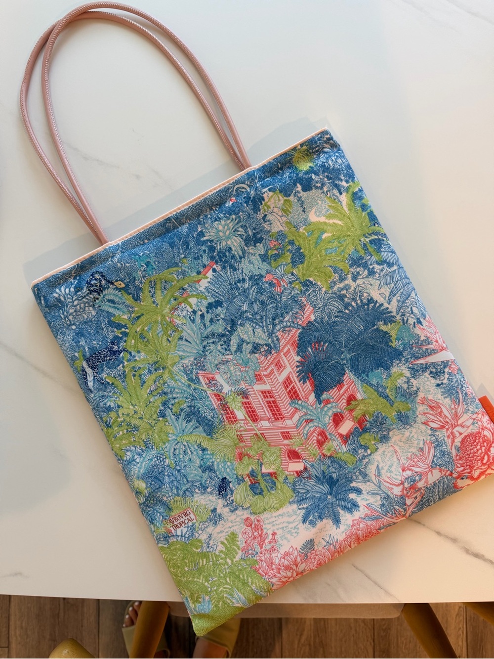 Tropical Scene Canvas Tote in Blue and Pink